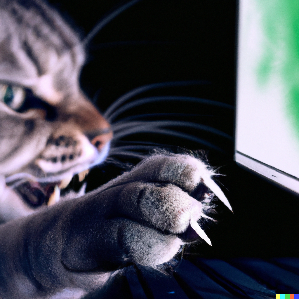 dall·e 2022-09-12 13.05.38 - a cat scratches its claws on a computer screen, photorealism.png